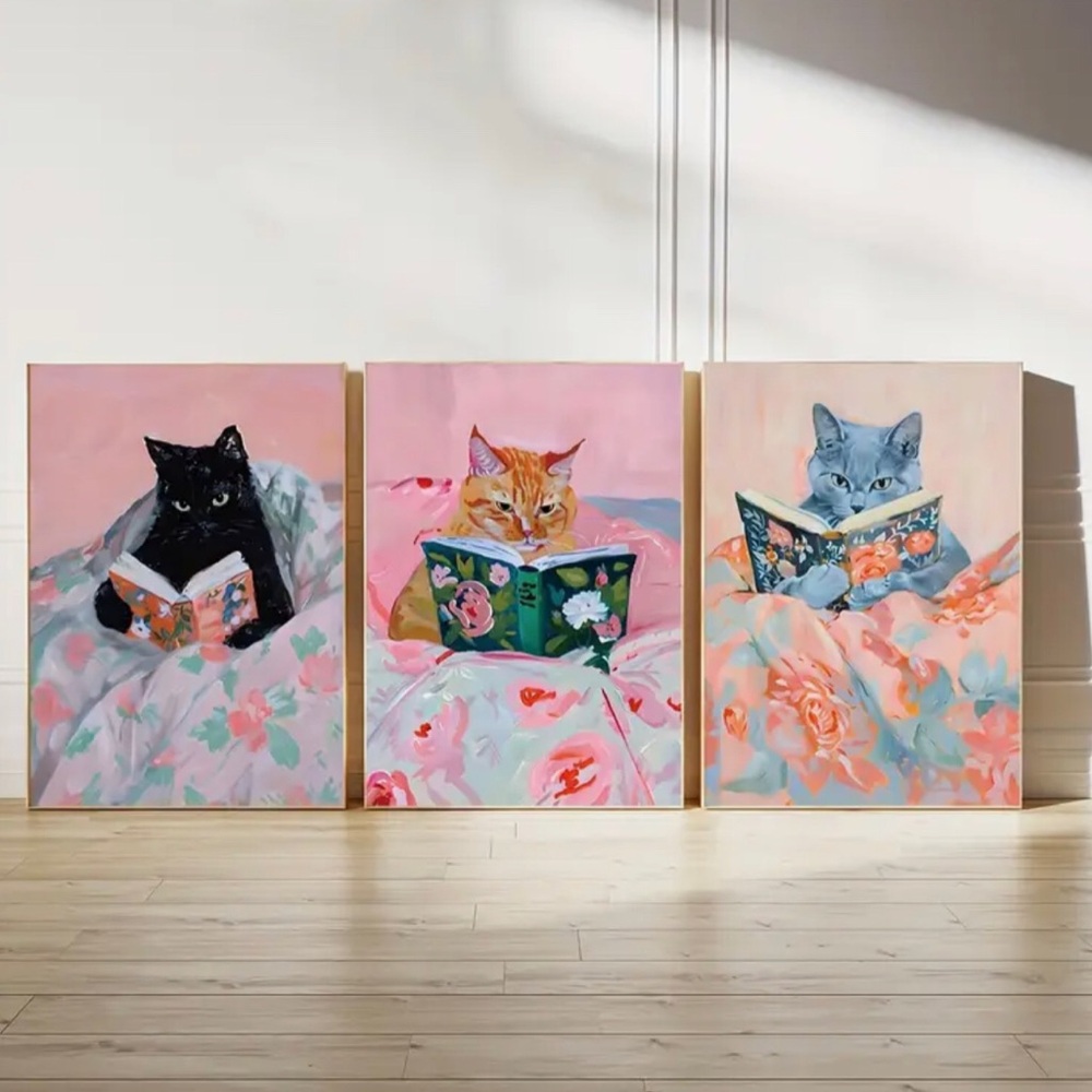 Set of 6 Cat Reading Book Canvas Posters Art Prints, Frameless (Lg) - Picture 4 of 15